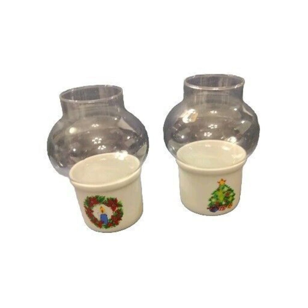 2 Vintage Candle Holder Christmas Holly Porcelain Mini Hurricane Lamp Set